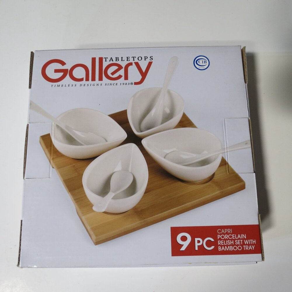 Gallery White Porcelain Relish Set with Bamboo Tray